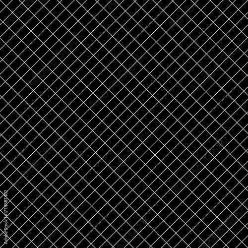 White diagonal stripes grill on black background. Seamless pattern with black mini blocks ornament on white back. Grid motif. Crossed lines wallpaper. Checkered image. Digital paper for print. Vector.