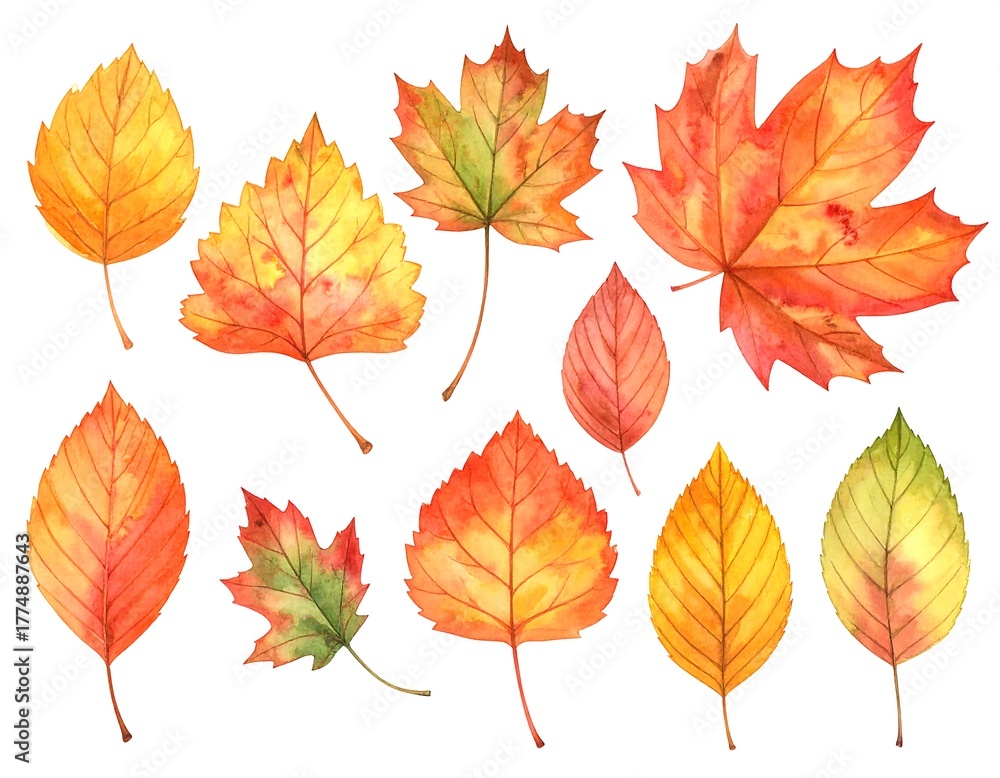 Fototapeta premium Watercolor Autumn Leaves Collection - Vibrant Fall Foliage Illustration.