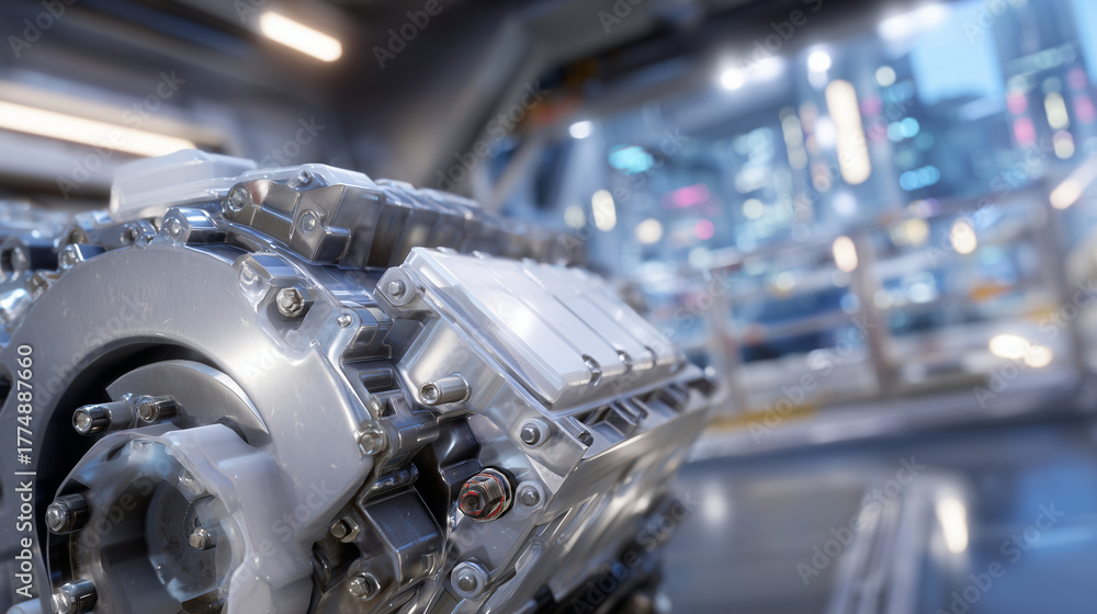 Fototapeta premium Detailed engine component in a production setting, clean metallic surfaces, bolts, and hydraulic connectors emphasized under ambient factory lighting
