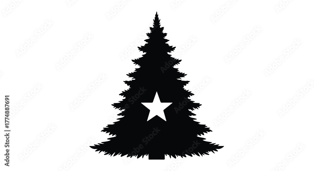 Fototapeta premium Silhouette of a festive pine tree adorned with a bright star