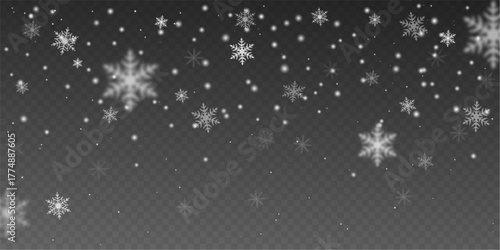 Soft Realistic Snowflakes Falling Overlay with Glowing Frosty Particles on Transparent Background for Winter, Christmas, New Year and Holiday Decoration Design