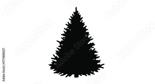 Bold silhouette of a classic evergreen pine tree against a clean white background