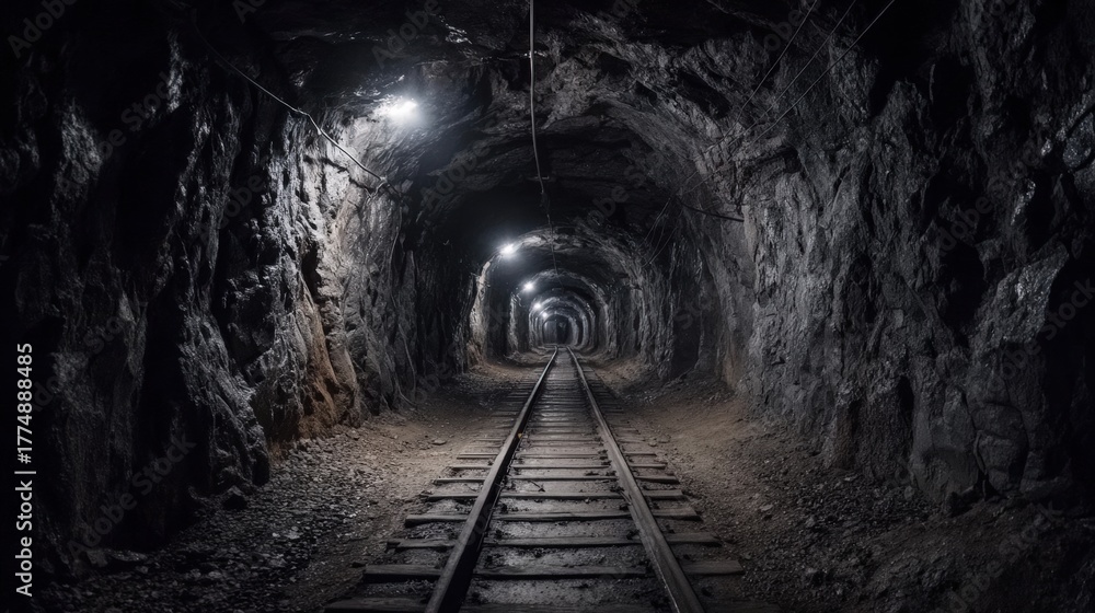 Naklejka premium Dark underground mining tunnel with steel rails and dim industrial lights illuminating wet rock walls. Concept of mining industry and hard labor underground