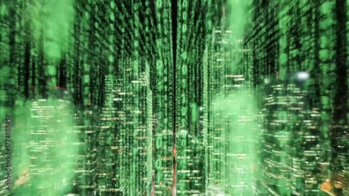 Cityscape view at dusk with illuminated skyscrapers and falling green digital code overlaying scene