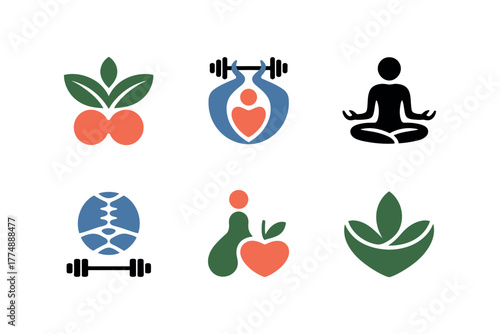 A collection of six modern health and wellness icons representing various aspects of fitness and nutrition.