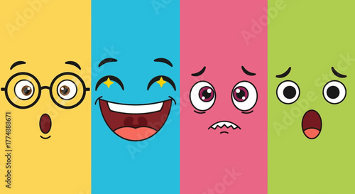 Colorful cartoon faces expressing different emotions and feelings in a row.