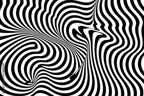 Abstract black and white wavy lines create a hypnotic optical illusion.