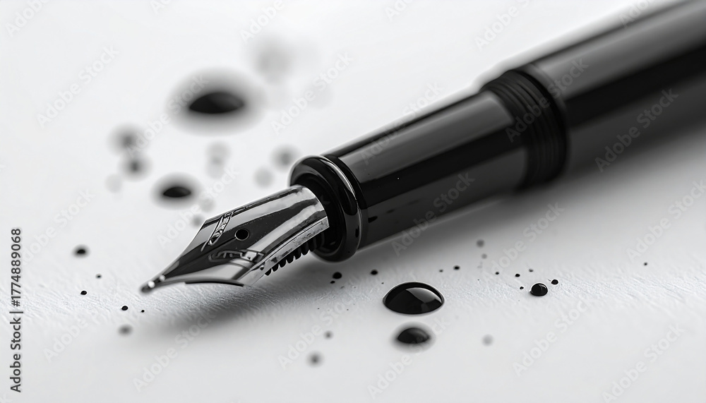 Fototapeta premium Black fountain pen with ink drops on clean white background, elegant and minimal composition