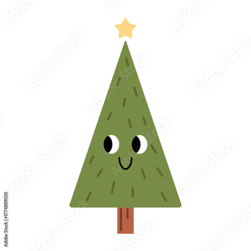 Vector illustration of cute Christmas tree with star on top, smiling face, cartoon eyes, triangle shape, and green branches. Fun festive character for winter holiday cards, kids decor, stickers.