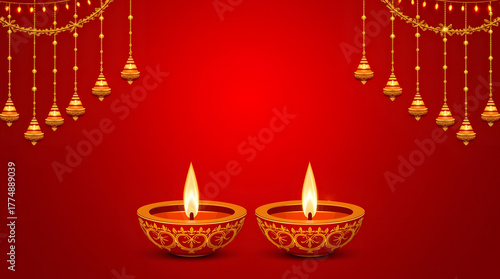 Christmas candles glowing with red ornaments on a festive background