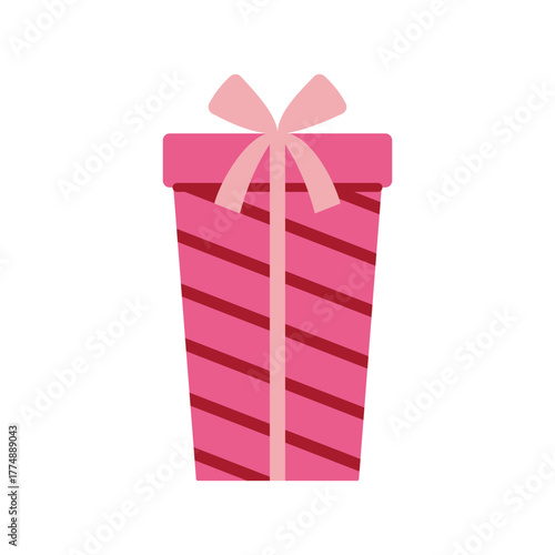 Vector illustration of tall pink gift box decorated with diagonal stripes, topped with ribbon and bow. Festive present icon for birthdays, holidays, celebrations, and modern design projects.