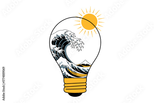 Creative light bulb filled with ocean wave and sun, symbolizing bright ideas and nature's power.