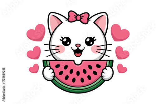 Adorable white cat with pink bow happily holds a slice of juicy watermelon surrounded by hearts