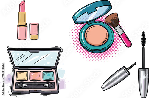 Colorful makeup products illustration with lipstick, eyeshadow palette, powder compact, mascara, and brush, beauty cosmetics design concept
