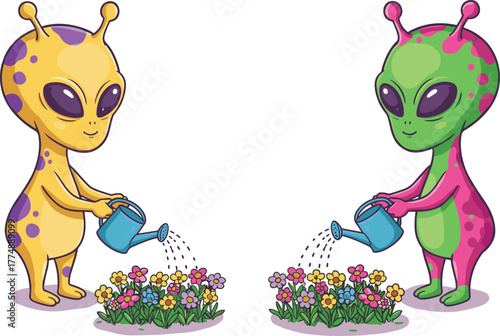 Colorful aliens watering flowers together, cute extraterrestrial gardening illustration, friendship and nature love concept art design