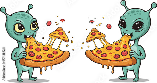Cute cartoon aliens eating cheesy pepperoni pizza together, funny space friends enjoying delicious food, extraterrestrial illustration concept art