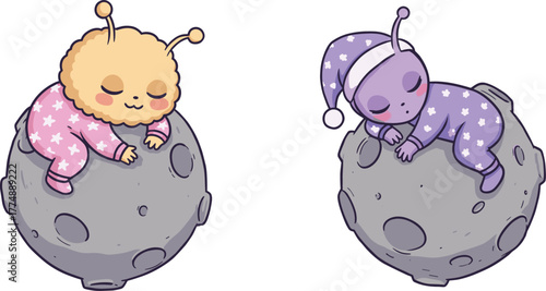 Cute cartoon baby aliens sleeping peacefully on moon, adorable extraterrestrial bedtime illustration, dreamy space night, fantasy nursery art