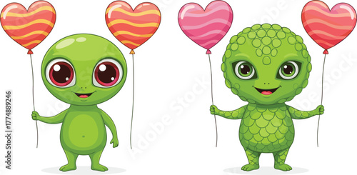 Cute cartoon green aliens holding colorful heart balloons, adorable extraterrestrial friends illustration for Valentine’s Day and kids design art