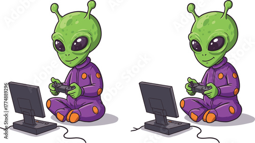 Cute green alien playing video games with joystick, funny extraterrestrial gamer cartoon character illustration for sci-fi artwork