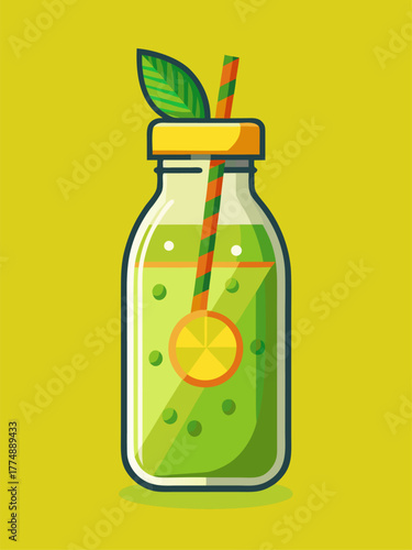 Fresh detox juice with straw. Cartoon vector illustration