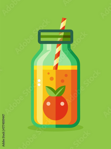 Fresh detox juice with straw. Cartoon vector illustration