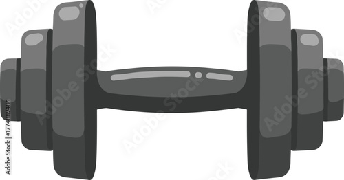 Realistic black gym dumbbell isolated on white background, strength training equipment for fitness, bodybuilding, exercise, and workout design