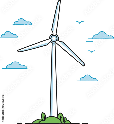Wind turbine illustration with blue sky and clouds, renewable energy generator for green environment, sustainability, and eco power concept