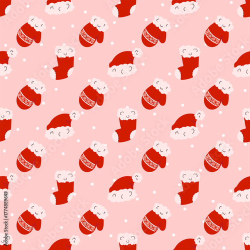 Seamless vector pattern with Santa hats, Christmas stockings, and mitten. Ideal for wrapping paper, fabric, and holiday packaging