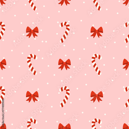 Seamless vector pattern with Christmas candy canes tied with bows, Xmas background. Perfect for wrapping paper, textiles, and seasonal packaging design. Ideal for winter and New Year themes.