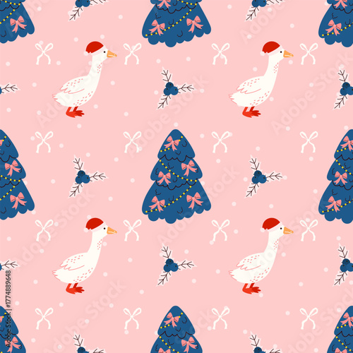 Seamless vector pattern with decorated Christmas trees and goose on a pink background, suitable for wrapping paper, fabric, and holiday packaging
