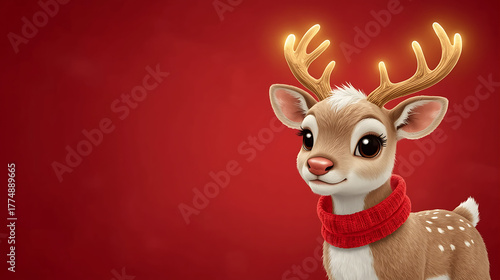 Cute Christmas Reindeer with Glowing Antlers on Red Background