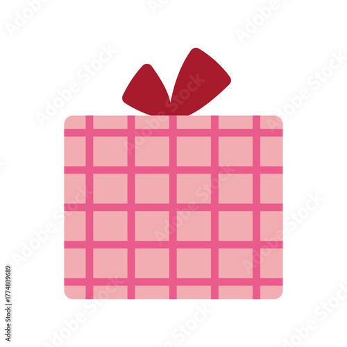 Vector illustration of square pink gift box decorated with checkered pattern and large pink bow. Festive present icon for celebration, birthday, holiday, modern wrapping, and cheerful design project.