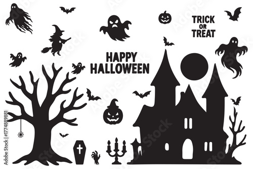 Haunted Halloween silhouette vector illustration set, spooky houses, ghosts, bats, and trees. EPS 10 