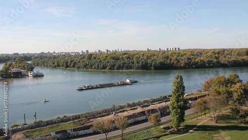 large barge for transporting cargo at the confluence of the Sava and Danube rivers