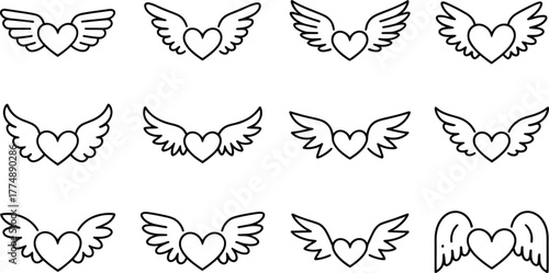  Set of hearts with wings vector.