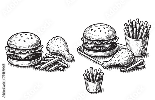 Vintage Fast Food Illustration of Burger, Fries and Fried Chicken