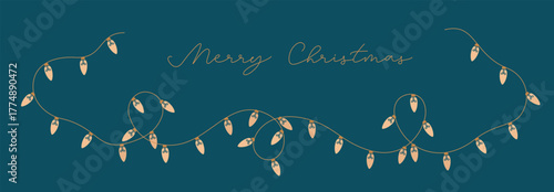 Glowing yellow holiday lightbulb garland. Merry Christmas, New Year light festive decorative festoon. Cute simple vector background with string