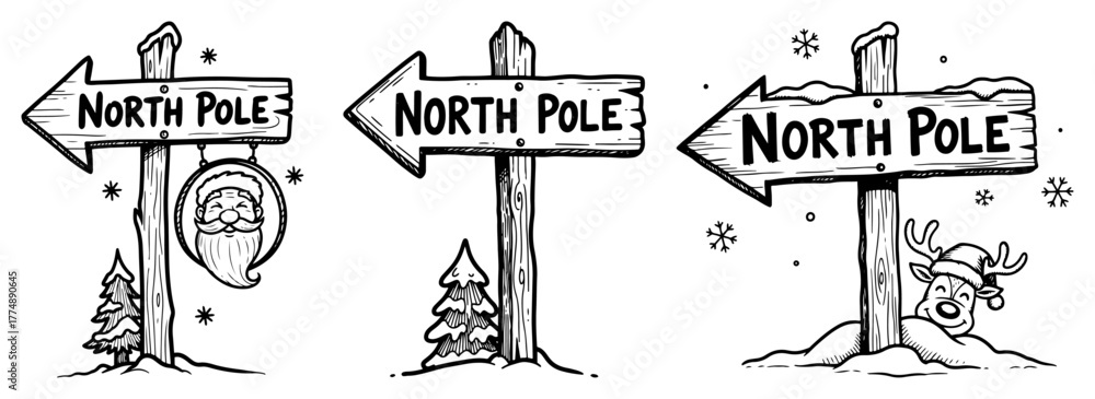 Obraz premium North Pole Direction Signposts Collection – Detailed Christmas Holiday Winter Vector Illustration