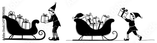 Elves Loading Gifts into Sleigh Silhouette – Detailed Christmas Holiday Winter Vector Illustration