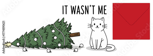 Cat Blamed for Fallen Christmas Tree Humor – Detailed Christmas Holiday Winter Vector Illustration
