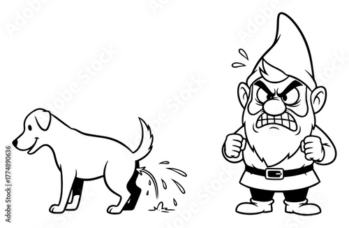 Dog Peeing on Angry Garden Gnome Cartoon – Detailed Christmas Holiday Winter Vector Illustration