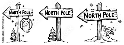 North Pole Direction Signposts Collection – Detailed Christmas Holiday Winter Vector Illustration