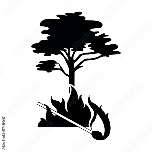 Fire hazard silhouette icon with tree, flames, and matchstick for environmental safety signage