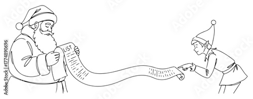 Santa Reading Extra Long Wish List with Elf – Detailed Christmas Holiday Winter Vector Illustration