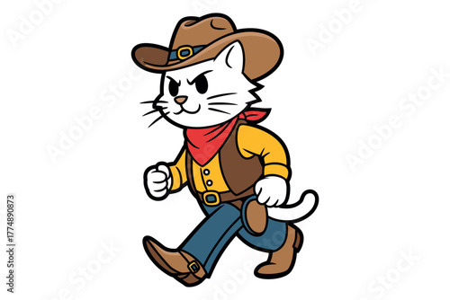 Playful cat dressed as a cowboy walking with determination