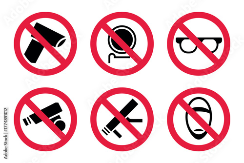 Collection of prohibition signs depicting various forbidden actions in red circles