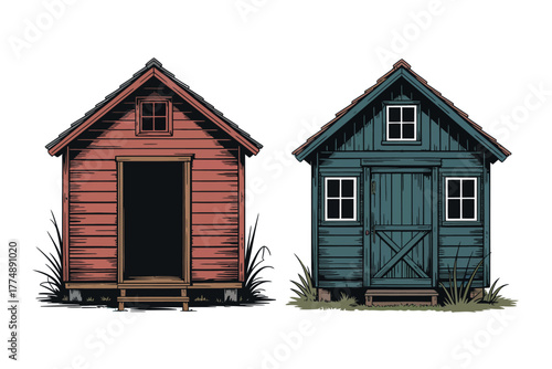 Illustration of two small wooden sheds with windows and doors on a white background