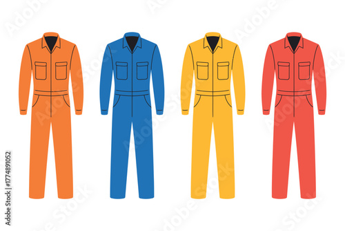 Four colorful jumpsuits in orange blue yellow and red on a white background