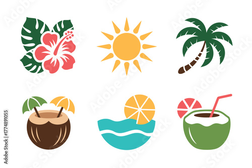 Illustration of hibiscus flower sun palm tree and tropical drinks on white