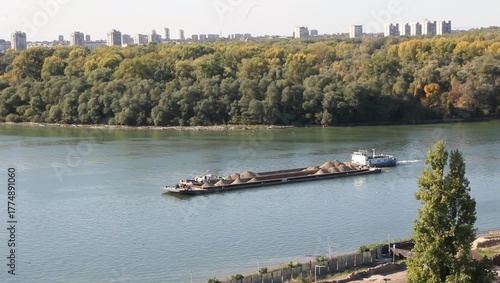 large barge for transporting cargo at the confluence of the Sava and Danube rivers